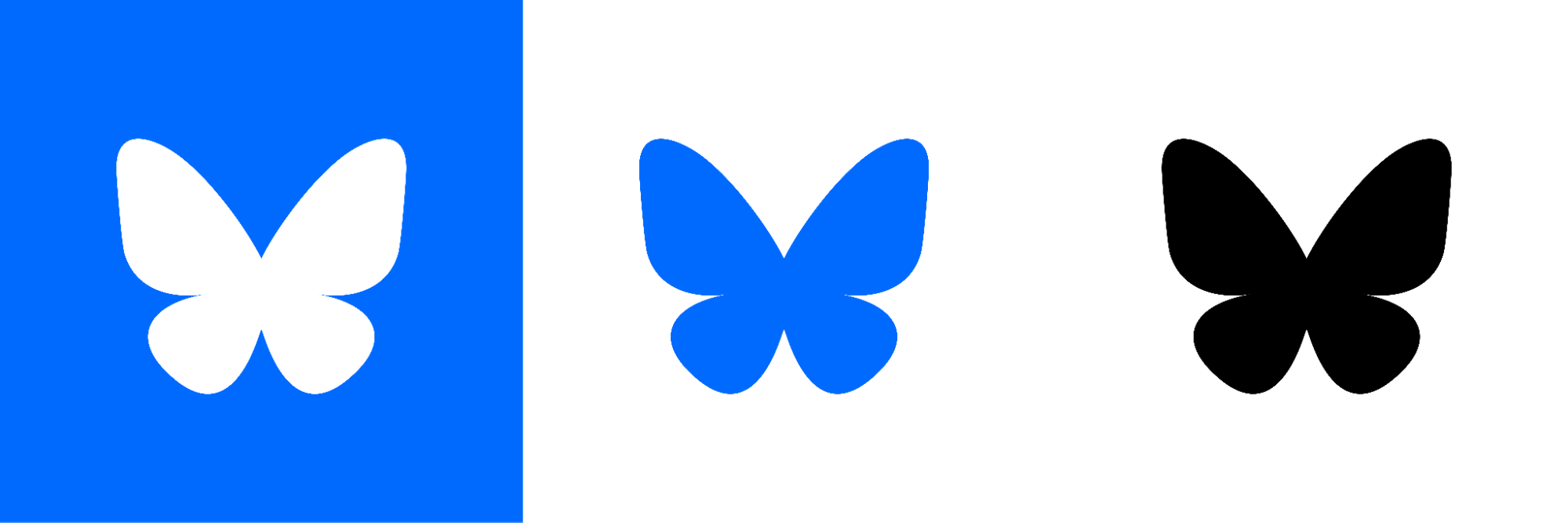 The Bluesky butterfly symbol shown in three variants: white on blue, blue on white, and black on white.