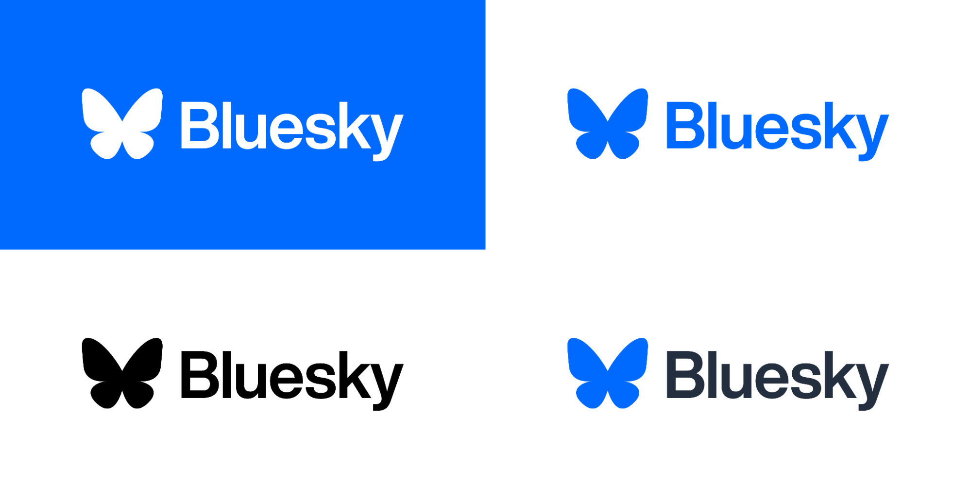 The Bluesky full logo shown in four color variants: white on blue, blue on white, black on white, and blue-and-black on white.