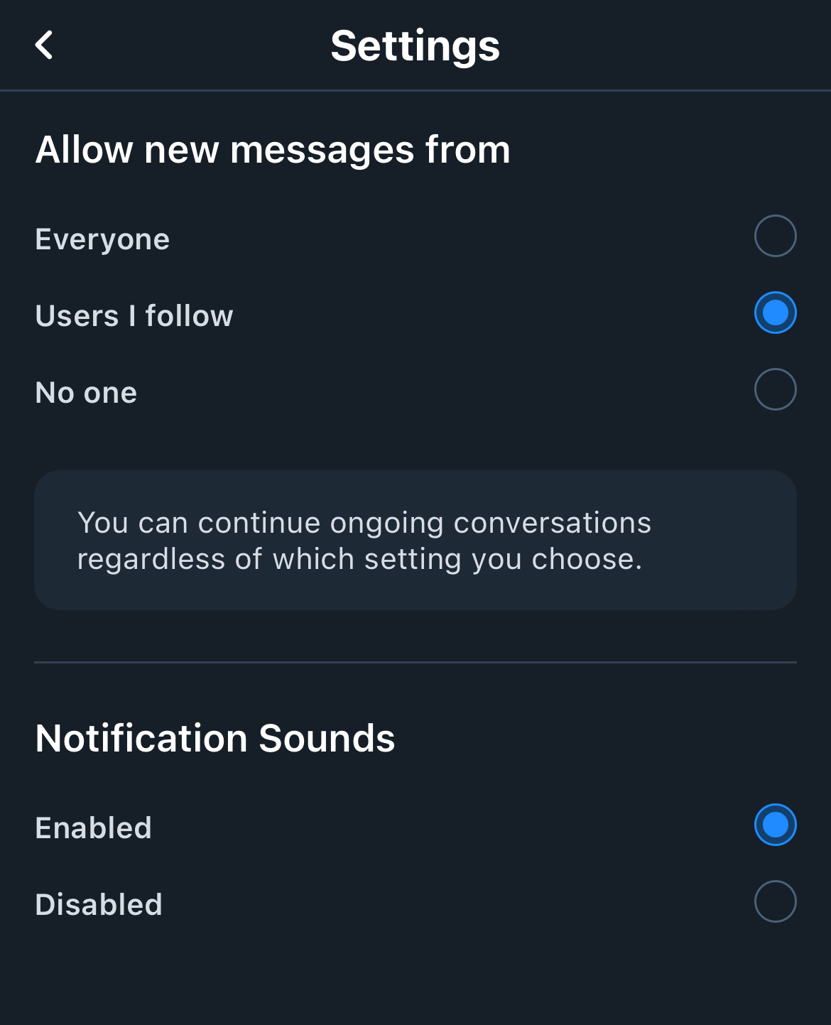 Screenshot of DM settings