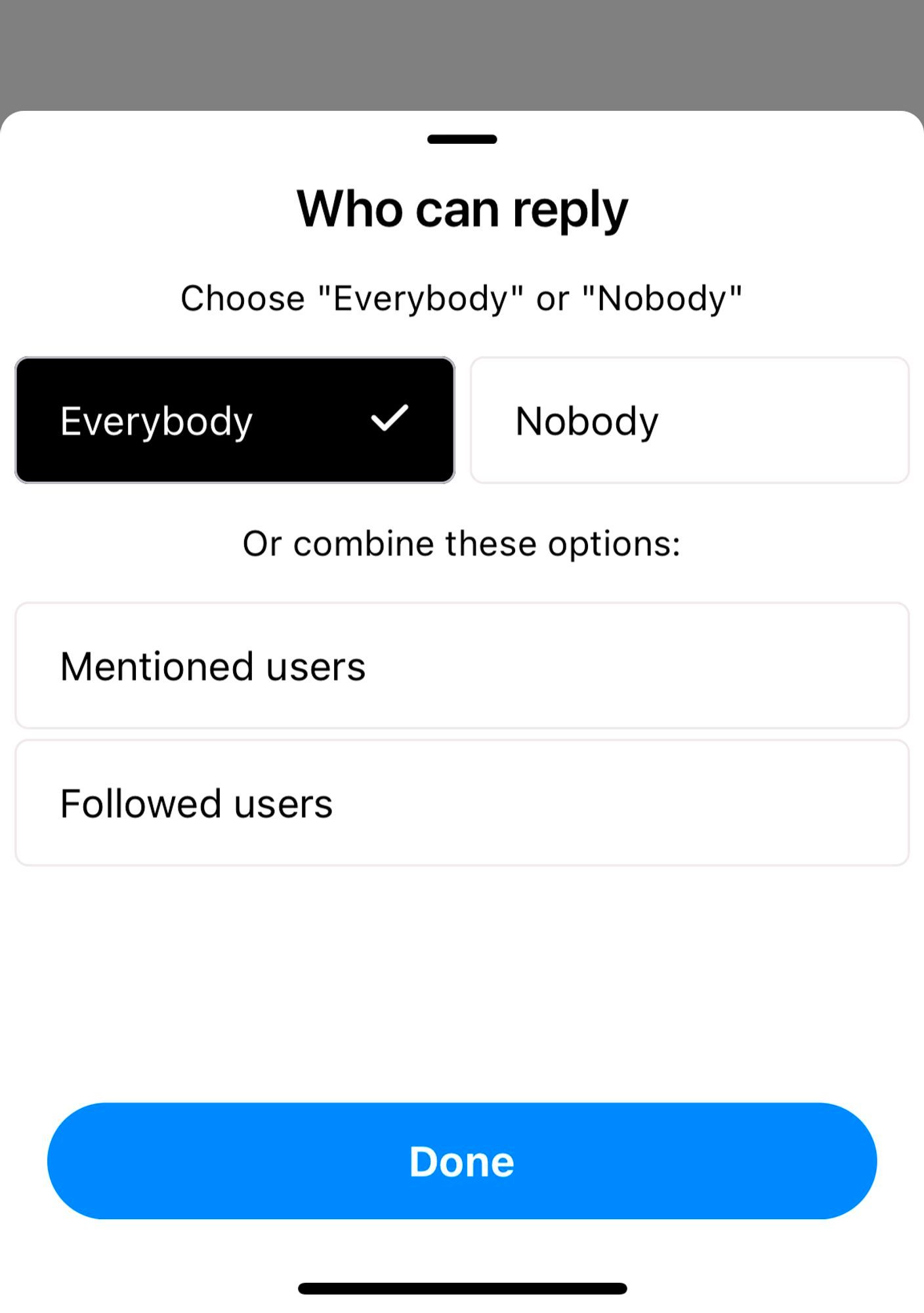 mobile app screenshot of reply control config interface