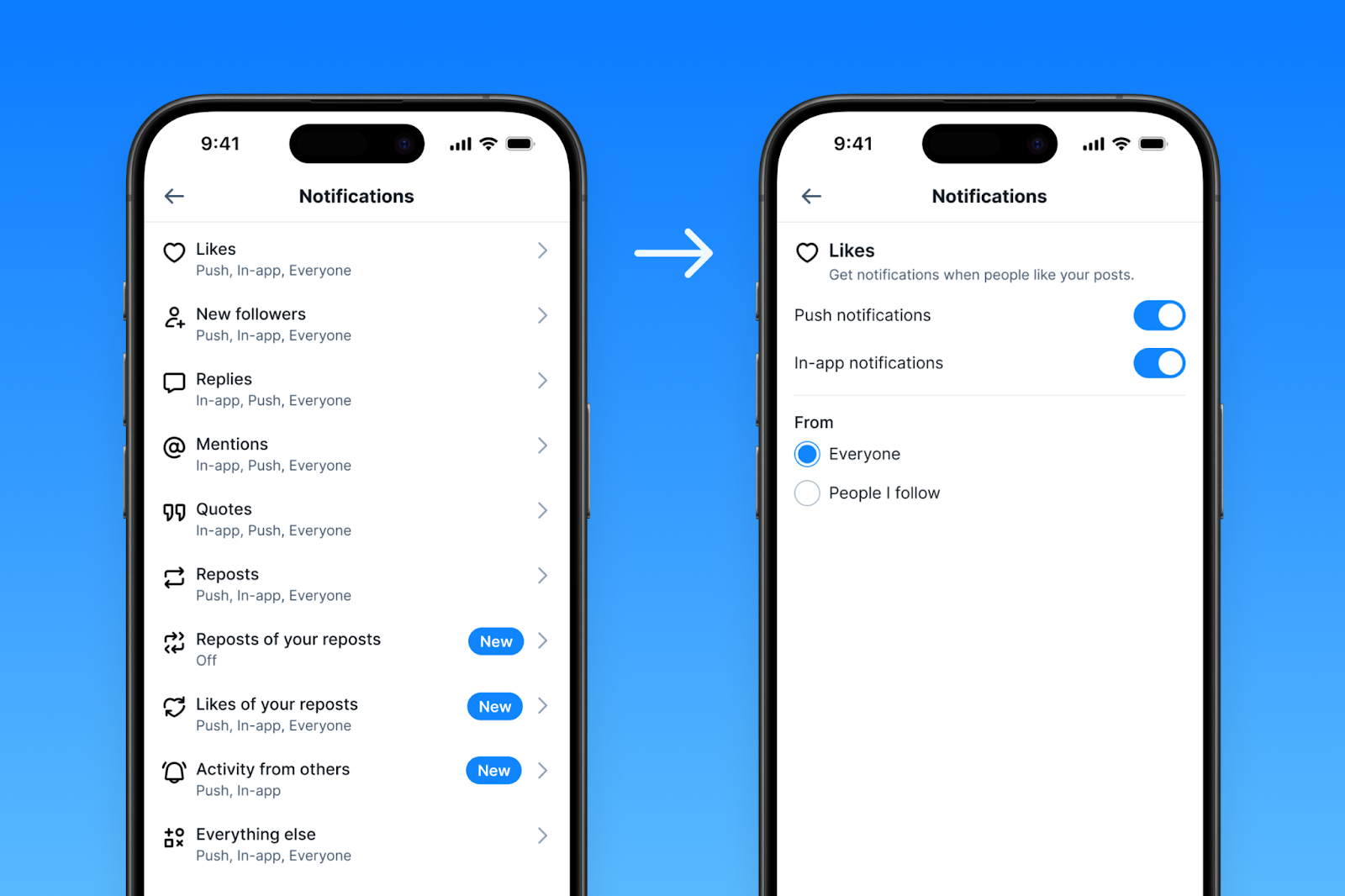 Images of the new user interfaces for configuring your notifications.