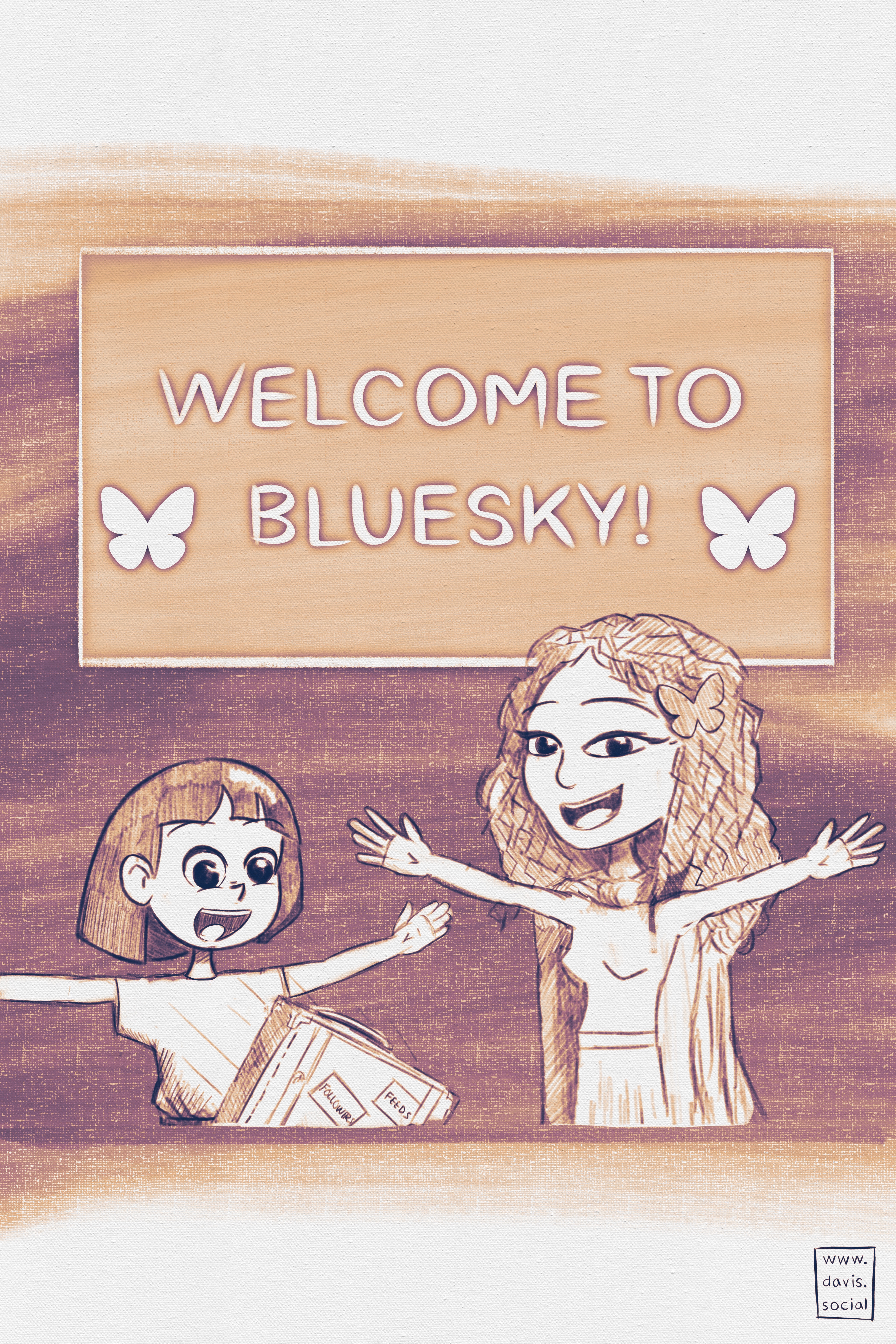 Two characters smile excitedly, with their arms raised. The top of the image says 'Welcome to Bluesky!'