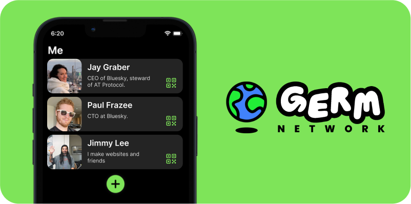 Germ's logo and mobile user interface showing three user profiles.